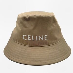 NEW Celine Biscuit Beige White Embroidered Logo Cotton Gabardine Bucket Hat